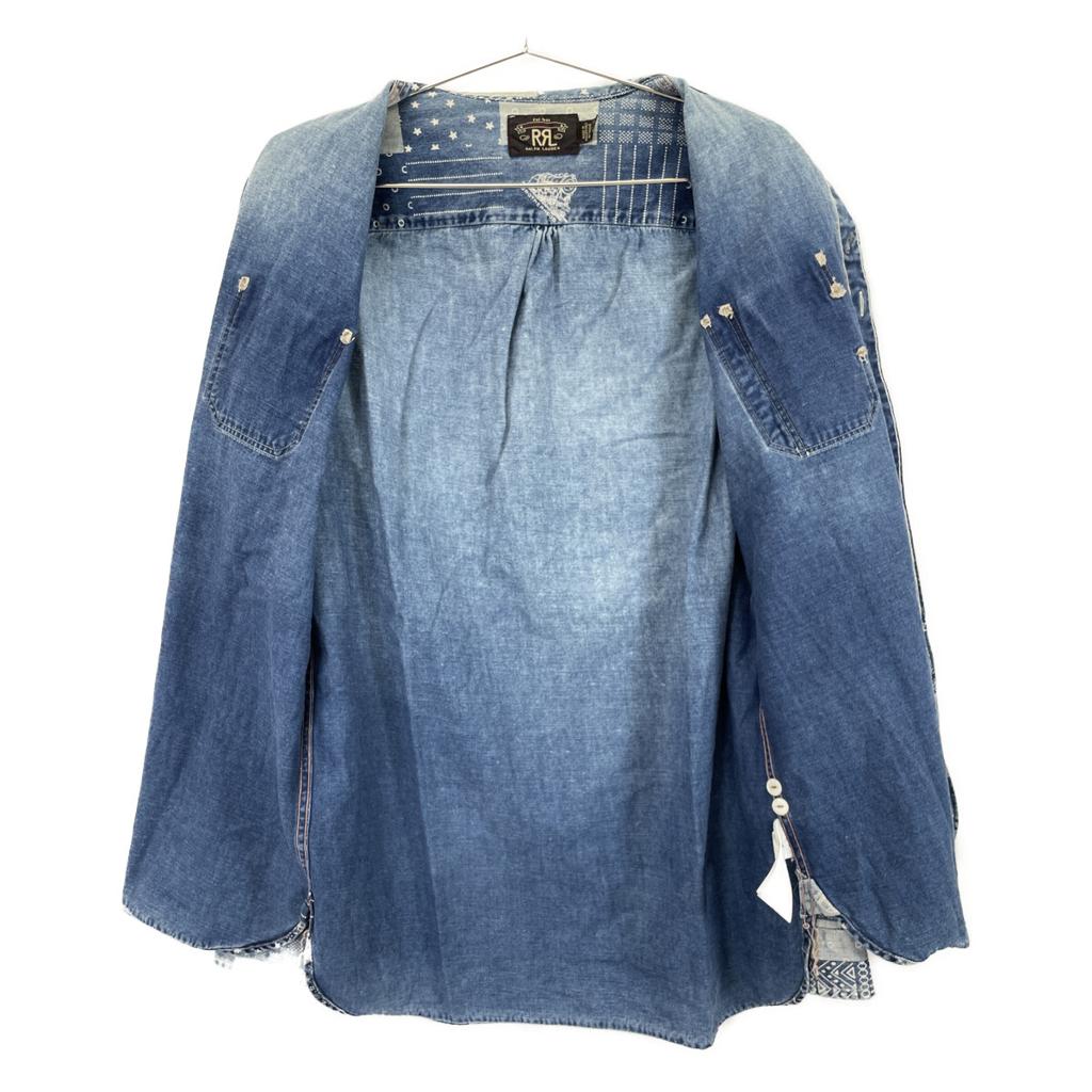 RRL Indigo X Blue Band Color Print Patchwork Shirt Tops M Indigo X blueUsed