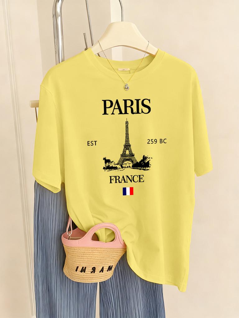 Paris Frankreich Eiffelturm Drucke T-Shirts Damen Sommer Basic Kurzarm Oberteile Rundhals Lockere T-Shirts Basics Weiche Damenkleidung