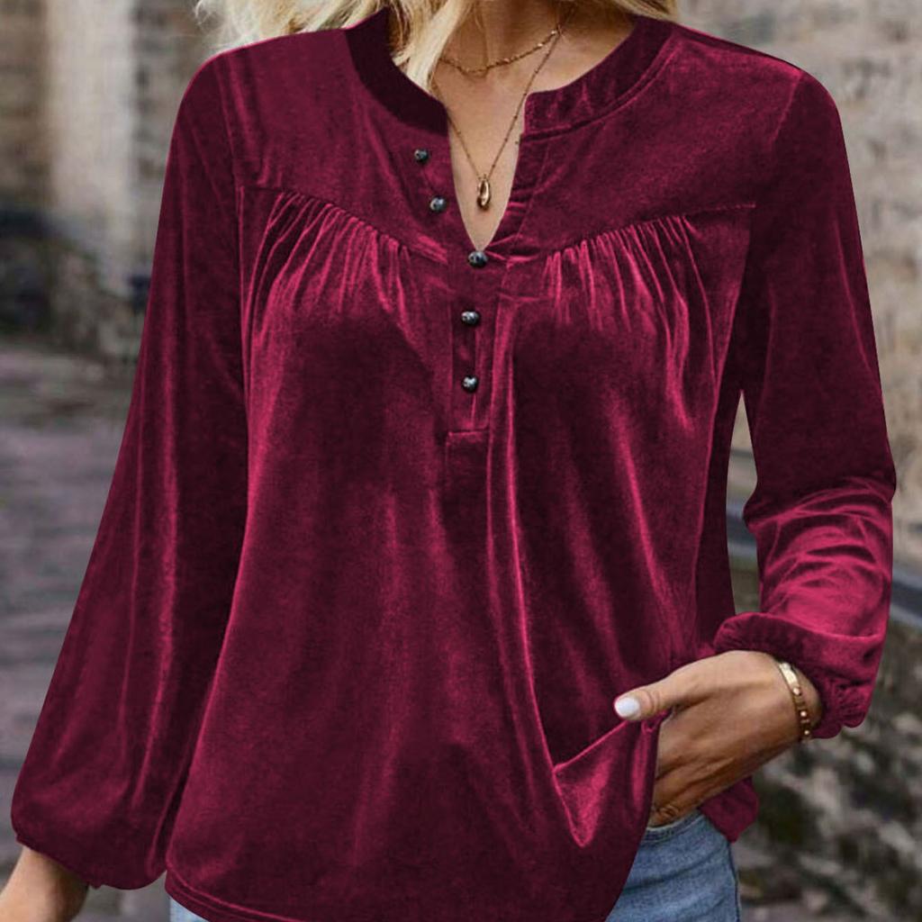 Spring and Autumn New Solid Color Pullover V-Neck Casual Temperament Commuter Button Long Sleeve Top Women