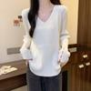Lockerer Strickpullover für Damen im Herbst und Winter mit einfarbigem, schlichtem Oberteil mit V-Ausschnitt