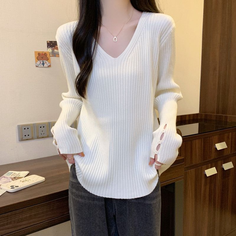 Pulover de damă de toamnă și iarnă din tricot largi, cu decolteu în V de culoare uni, top simplu