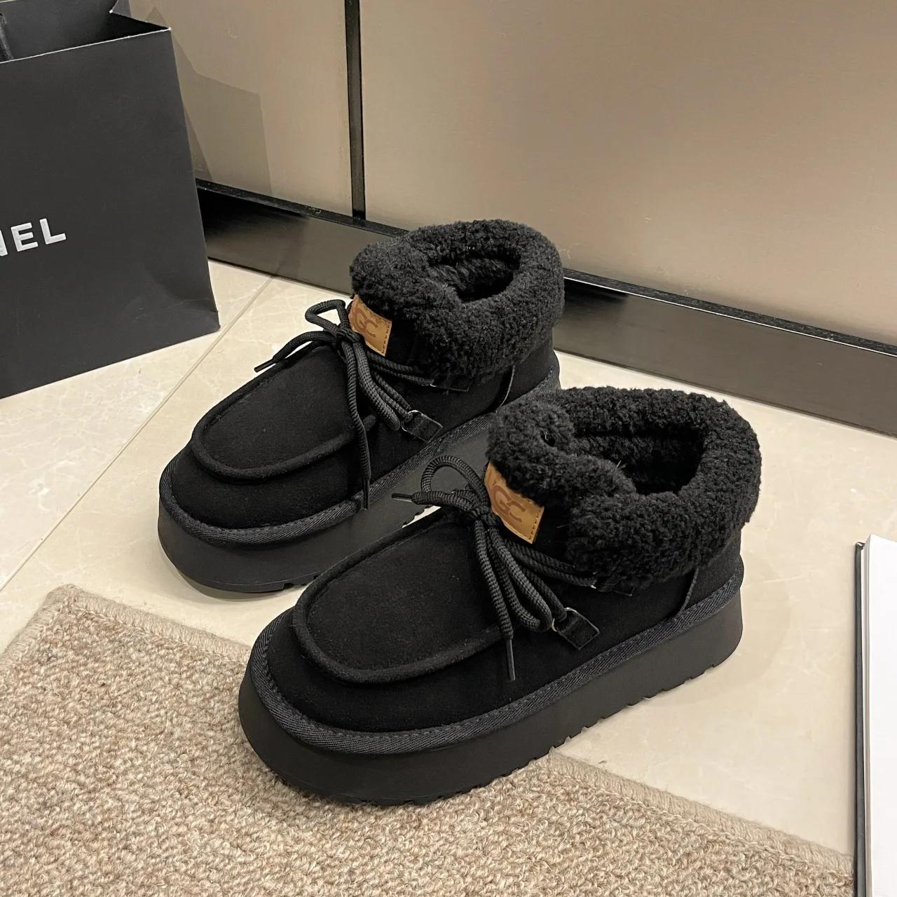 

Модные женские зимние ботинки на толстой подошве 2024 Новинка Осень-Зима Хлопковая обувь с дополнительной шерстью 40 чёрный
