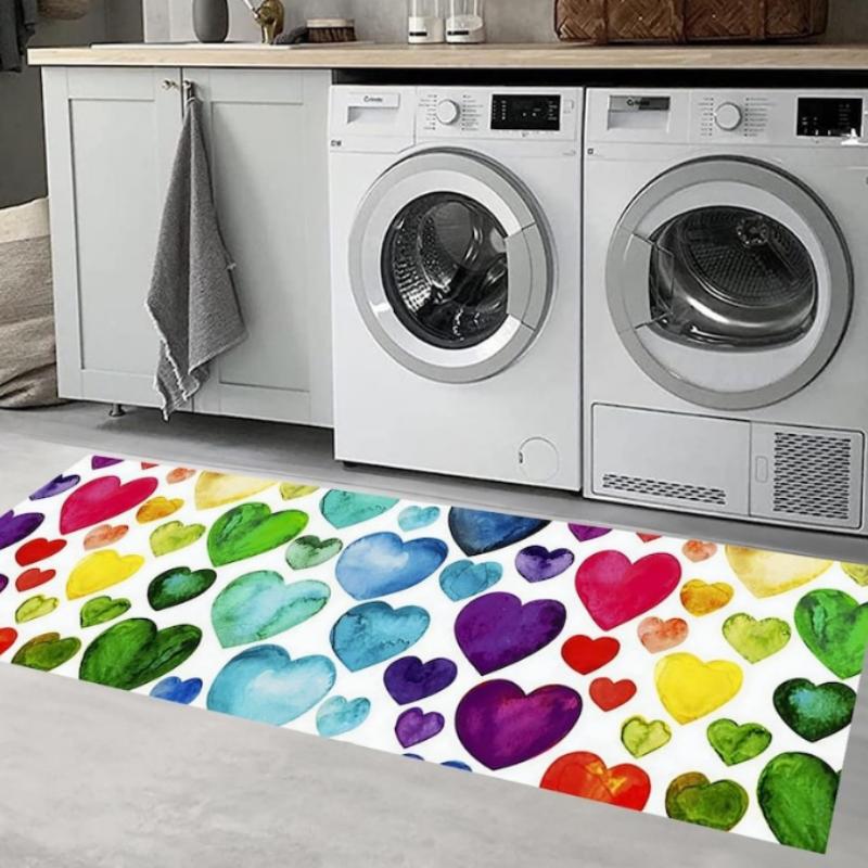 Cartoon Colorful Rainbow Heart Print Runner Rug Non-Slip Floor Mat for Room Hallway Bedroom Cute Valentine Home Decor