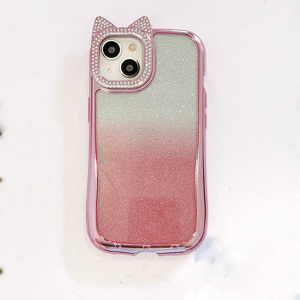 Diamentowe Uszy Kota Odpowiednie do Etui na Telefon IPhone16 Gradientowy Brokatowy Puder Apple 15 All Inclusive 14ProMax Miękkie Etui 13