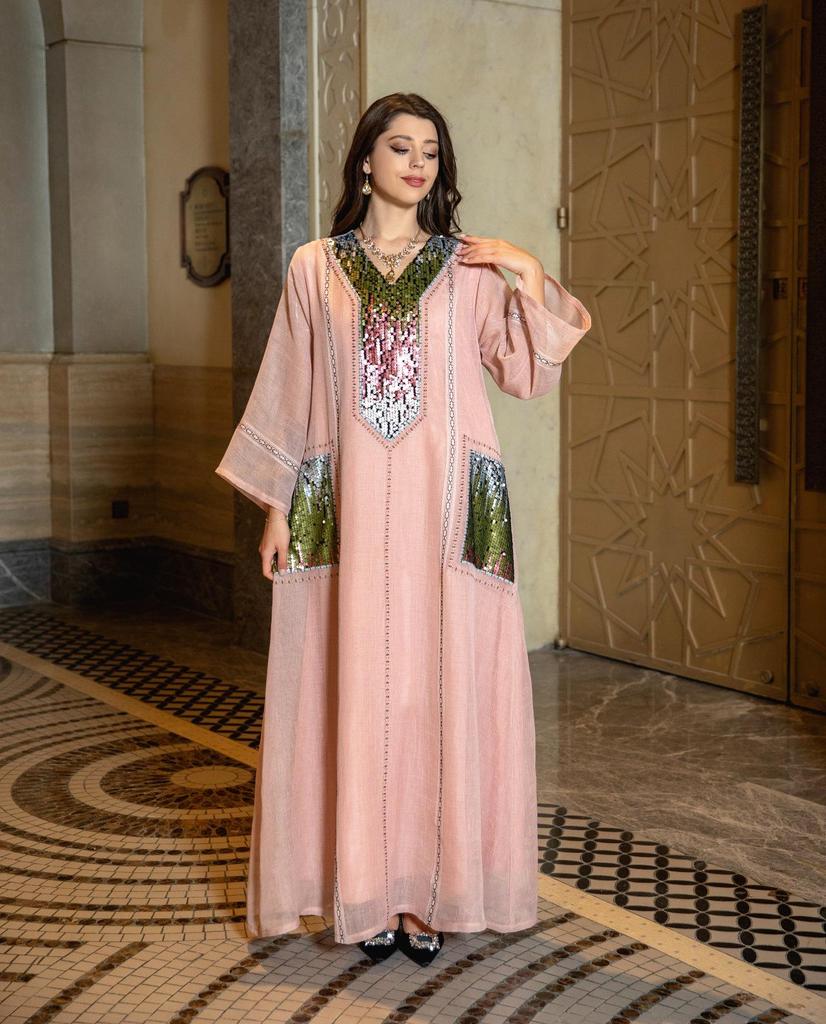 AB053 Dubai Beaded Sequin Jalabiya: Women's Embroidered Long Robe for Eid al-Fitr.