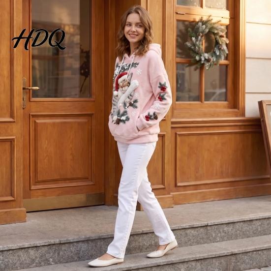 Christmas Cat Print Hoodie Women Hoodie Oversized Long Sleeve Pullover Sweatshirt Daily Wear Sweatshirt Casual Loose Drawstring Hooded Top