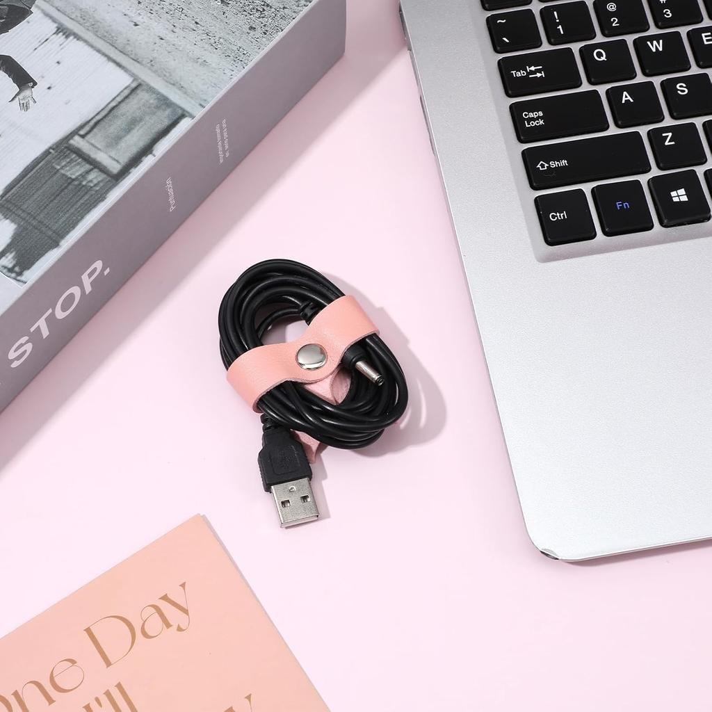 6 Pcs Cord Organizer, Leather Pink Bow Cord Keeper Cable Organizer USB Holder Reusable Multipurpose Cables Management Strap for Earphone, Phone