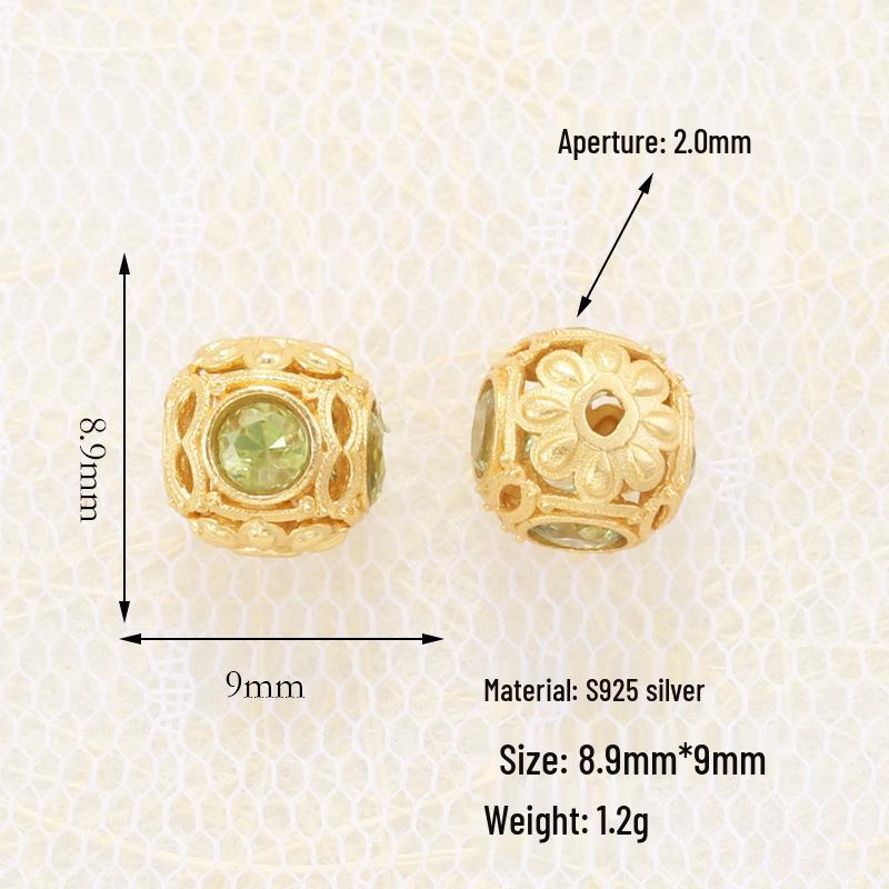 S925 Sterling Silver Inlaid Natural Peridot Diopside Loose Beads Spacer for DIY Bracelet Necklace T7