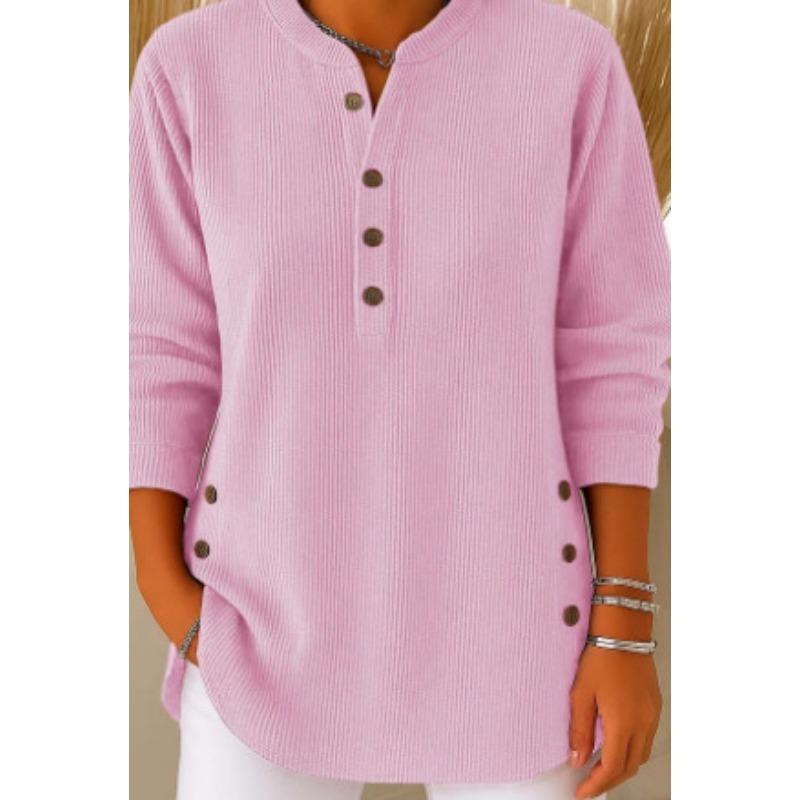 Women's Autumn Waffle Henley Shirt Long Sleeve Button Casual Loose Top