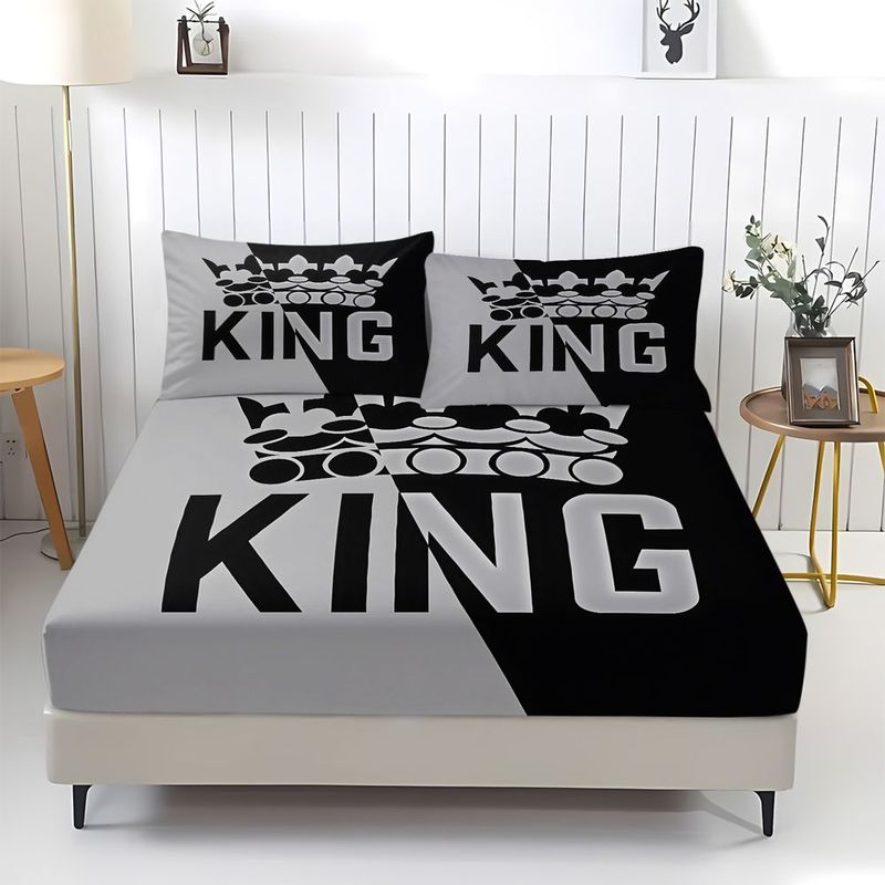 King Crown Graphic Print Fitted Sheet Set 1 Fitted Sheet + 2 Pillowcases Modern Bedding Set Soft Breathable Bed Room Decor