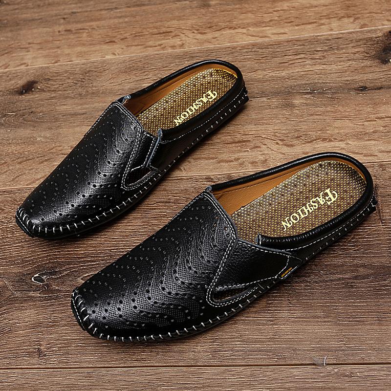 Fashion Summer New Genuine Leather Mens Half Slippers Breathable Casual Mules shoes Lightweight classic Non-slip driving flats Moccasins