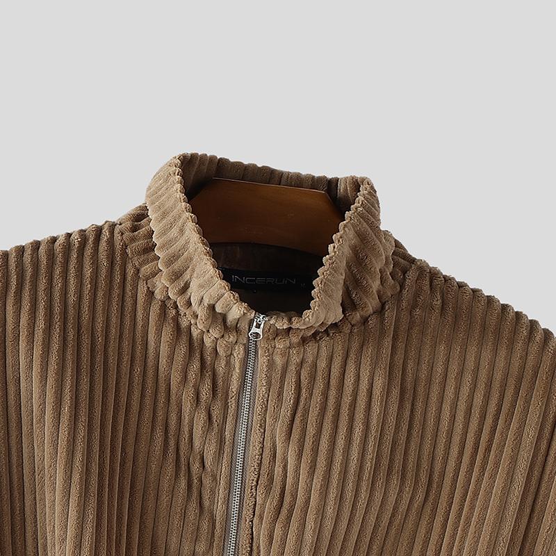 INCERUN Outono Masculino Gola Alta Manga Comprida Textura Veludo Cotelê Casual Jaquetas Casacos com Zíper