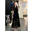 French Temperament Hepburn Style Black Mesh Splicing Dress Women's Summer Waist Hip Umbrella Long Skirt