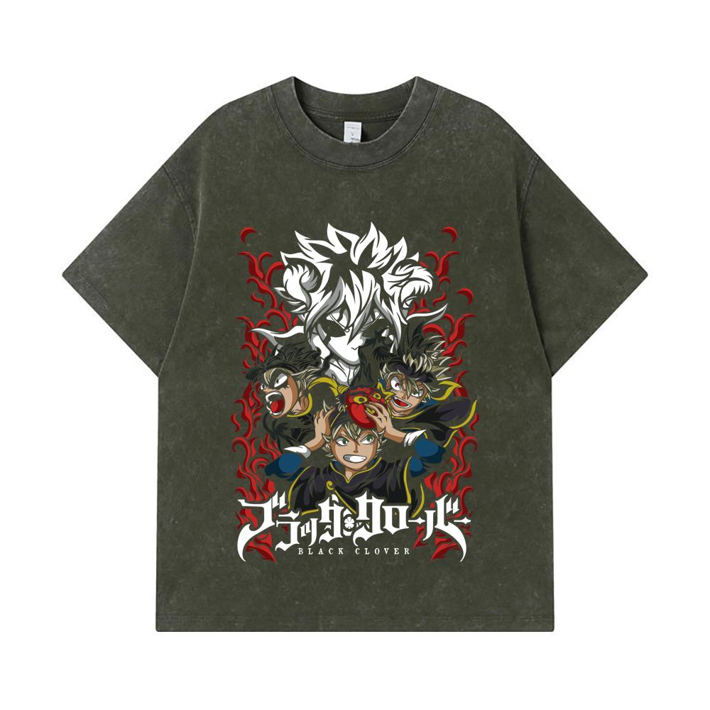 

275 GSM Washed T-shirts 100% Cotton Black Clover V9 Print Unisex Heavy Cotton T Shirt S армия зеленый