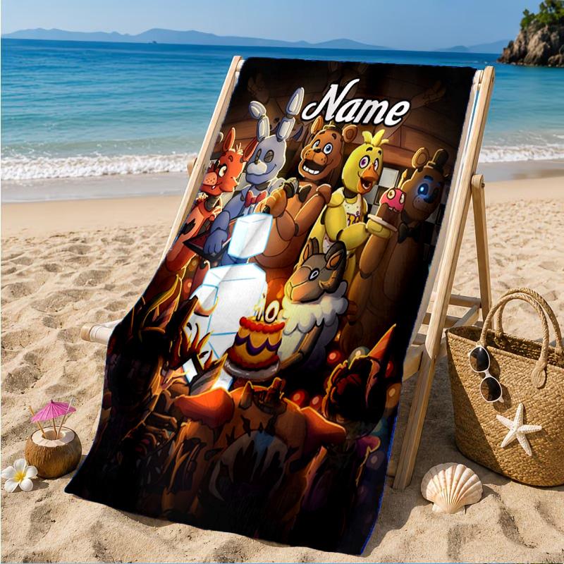 Custom Name Five Nights horror Theme Heart In Space Adventure Microfiber Beach Towel, Lightweight for Summer Travel, Swimming Pool Fan Gift