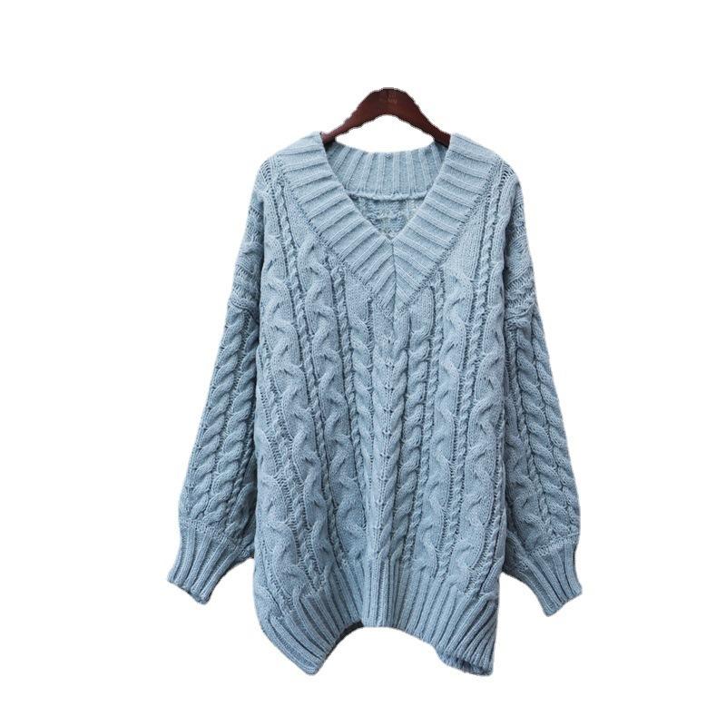 Thickened V-neck twist sweater pullover women's autumn and winter new loose soft waxy and thin knitted sweater top