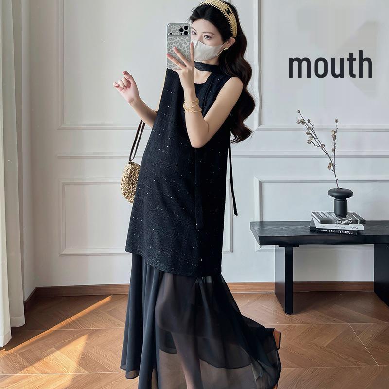 

2026 Summer Stylish Spliced Maternity Dress with Streamers 2XL чорний