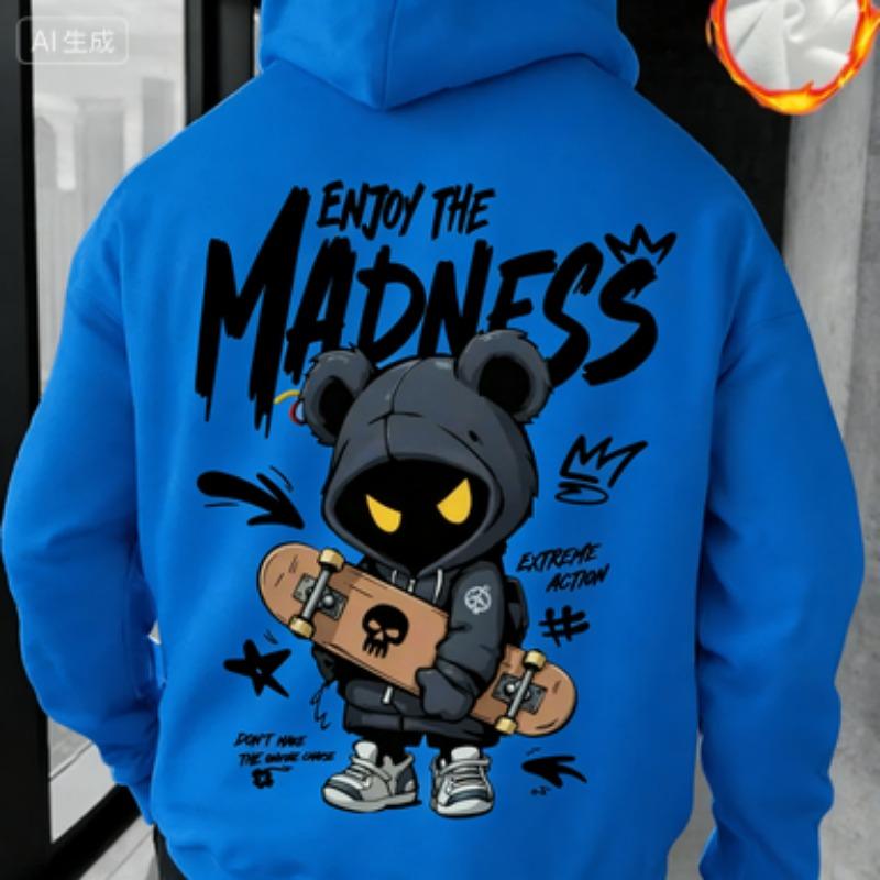 Classic Hand-Drawn Cartoon Character Pattern Letter Print, Fashionable Casual Sports Hoodie, Loose, Comfortable and Warm Style