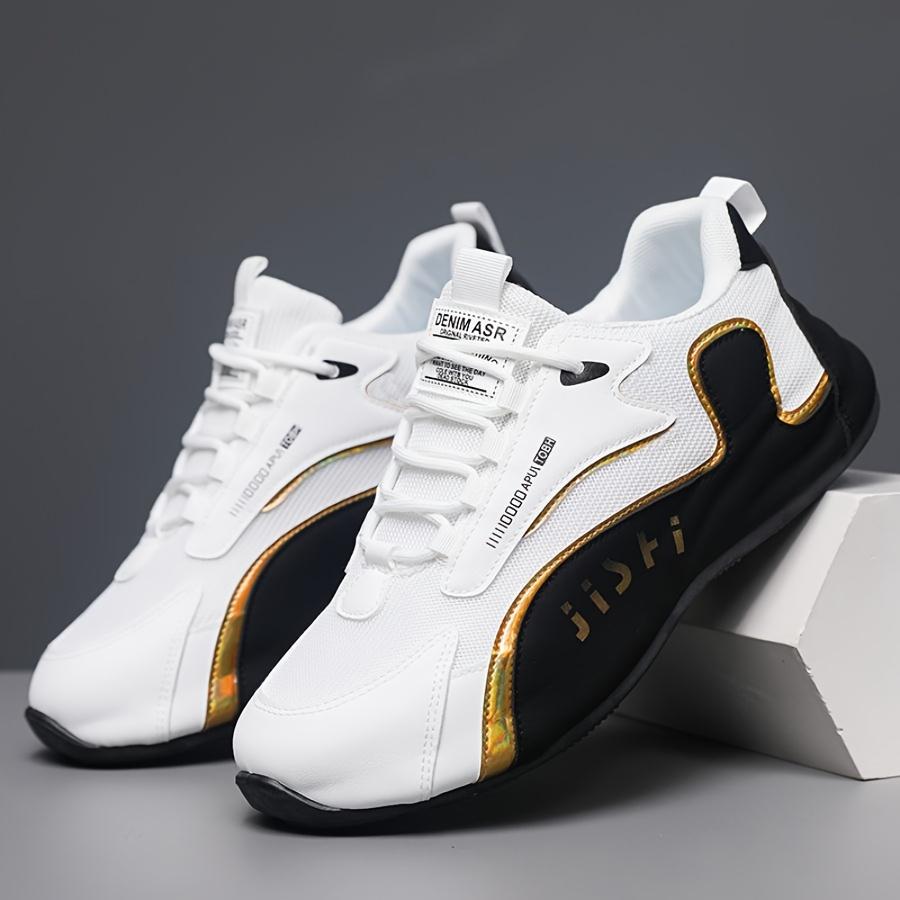 Men's Fashion Casual Sneakers - Breathable Mesh Upper, Anti-Slip Sole, Lace-Up Design In White and Black with Golden Accents, All-Season Sneakers