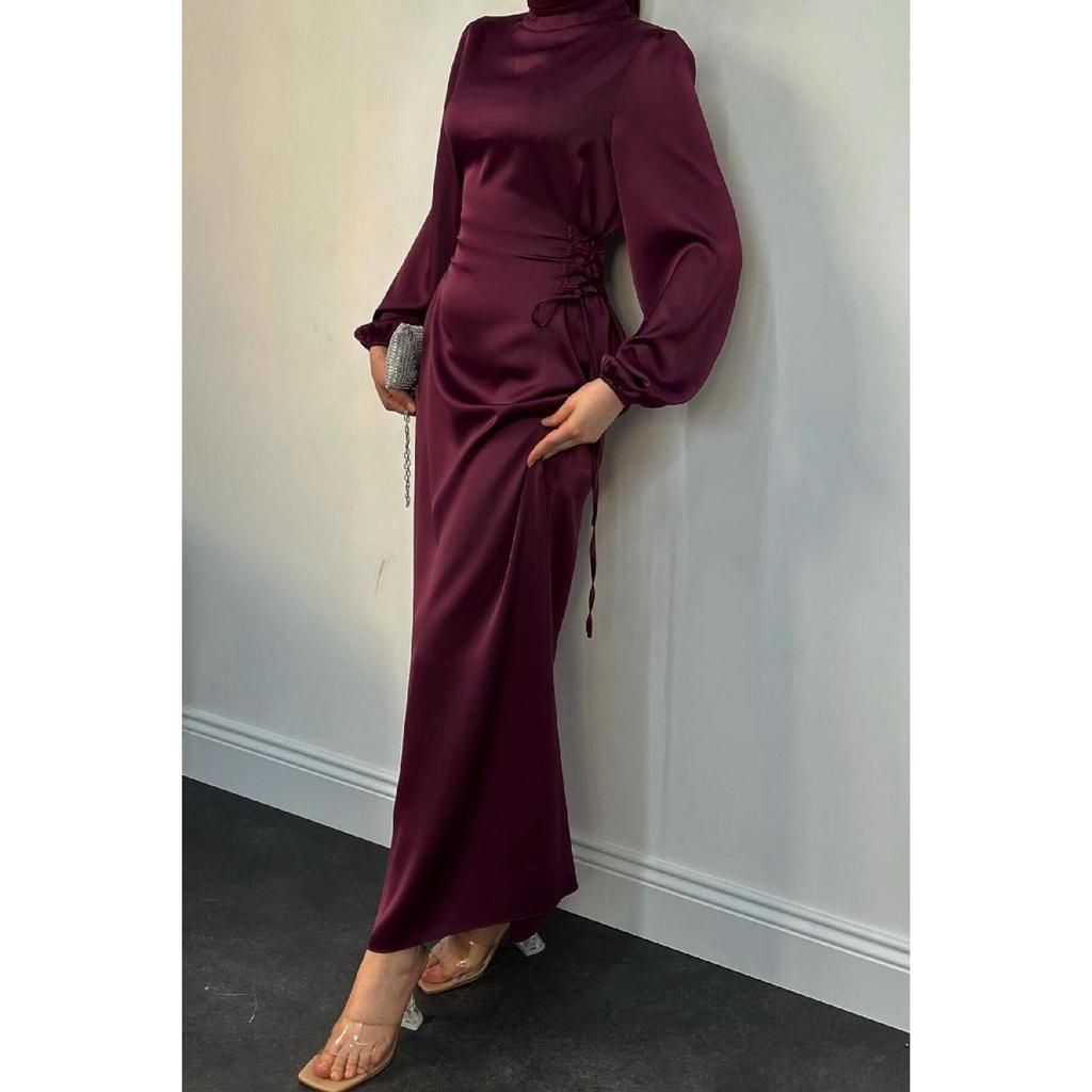 Elenor Waist Tied Satin Hijab Dress Red