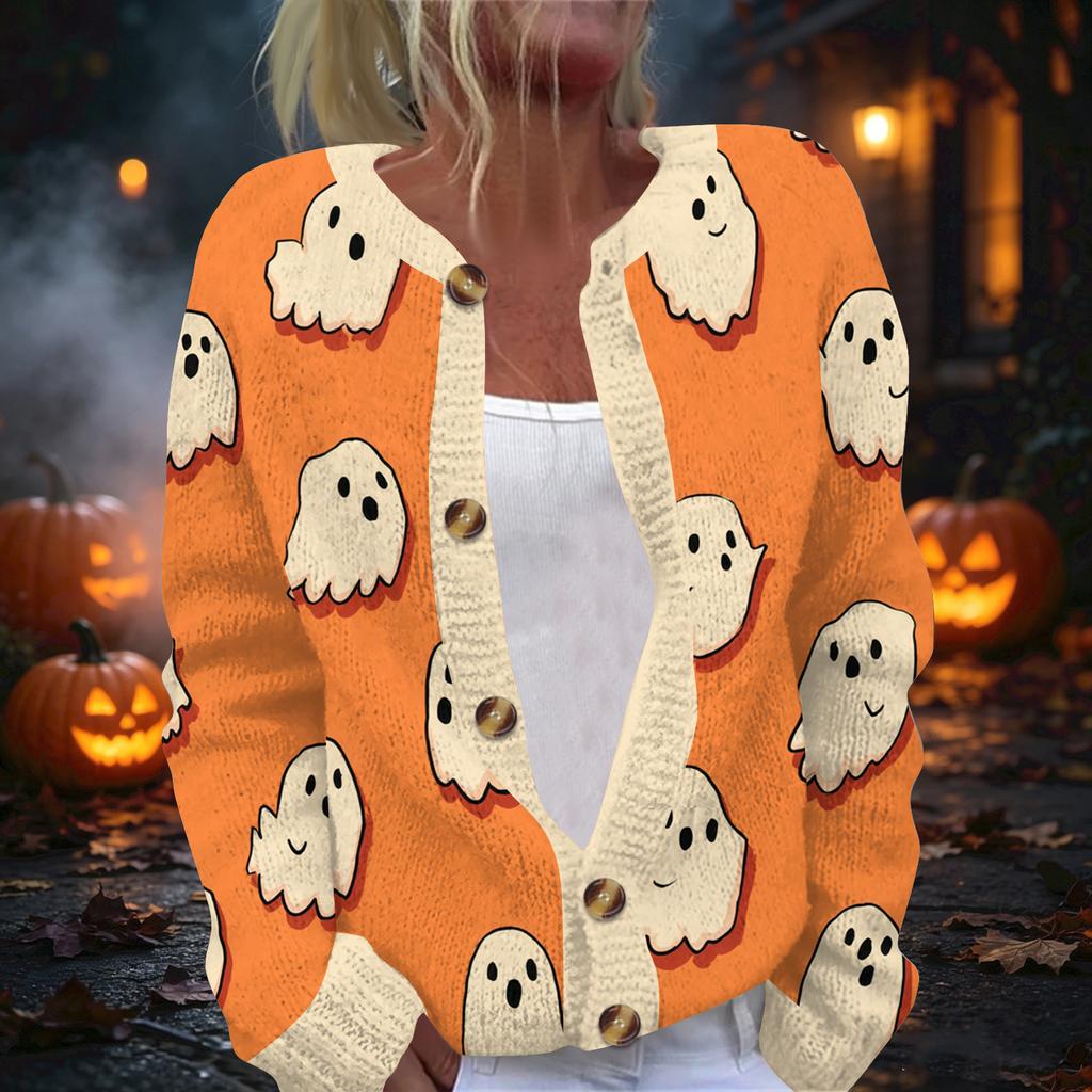 Damski kardigan z dzianiny z nadrukiem na Halloween, z długim rękawem, zapinany na guziki