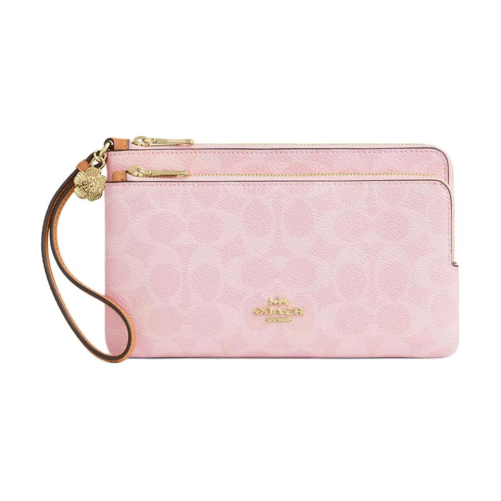 Coach Double Zipper Coated Canvas Wallet Women Wallets Gold Pink CEF61-IMPO