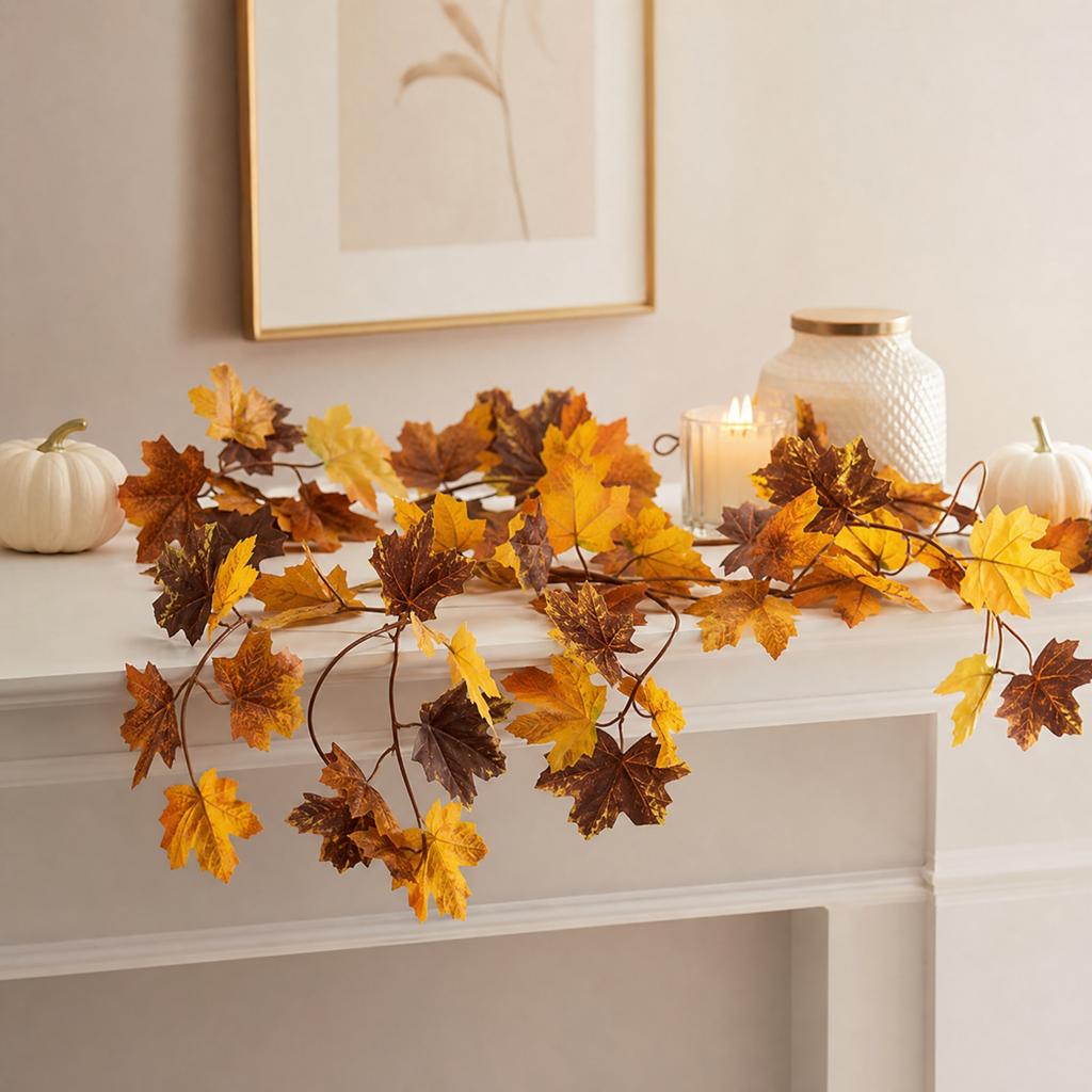 Artificial Maple Leaf Garland Faux Pumpkin Vine Decorative Hanging for Autumn Indoor Outdoor Party Home Wedding