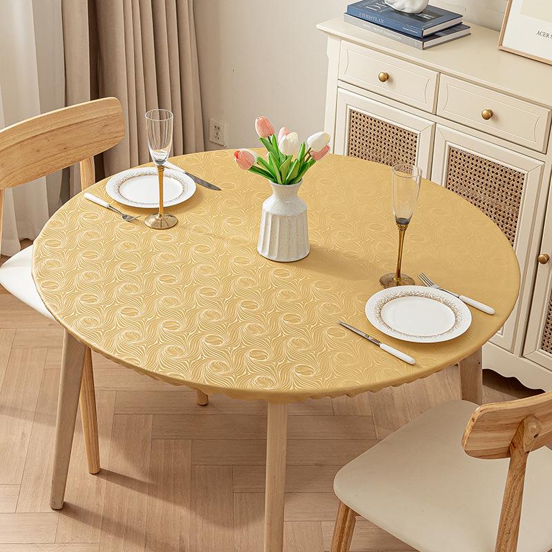 Non-Slip Waterproof Round Table Cover: Elastic, Oilproof, Anti-Scalding, Wash-Free Tablecloth for Dining Tables.