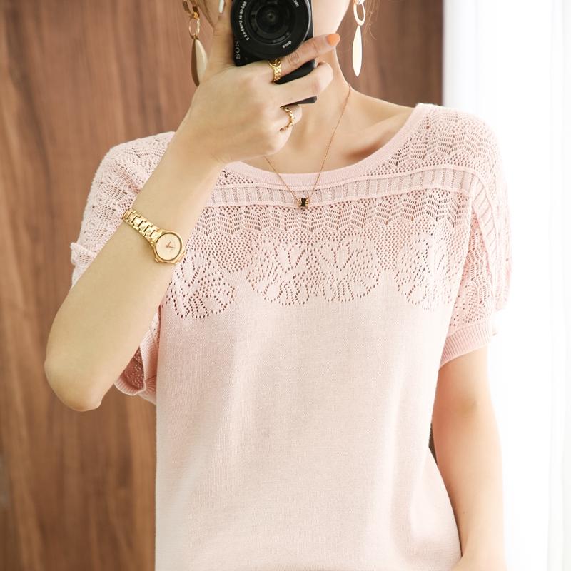 WTEMPO T-shirt Women's Summer Round Neck Pullover Short Sleeve Casual Solid Color Cut-out Knitted Women's Loose Top