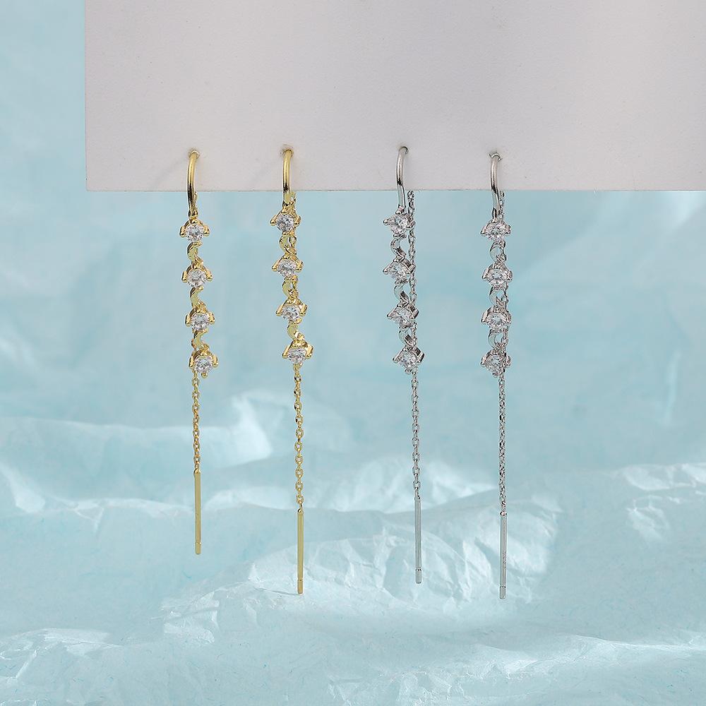 Personalized Diamond-Set Fringed Ear Line Female Simple Sweet And Cool Ins Wind Long Row Diamond Moon Earrings Flow
