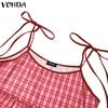 VONDA Women's Sleeveless Sling Plaid Casual Loose Pleated Tank Dress