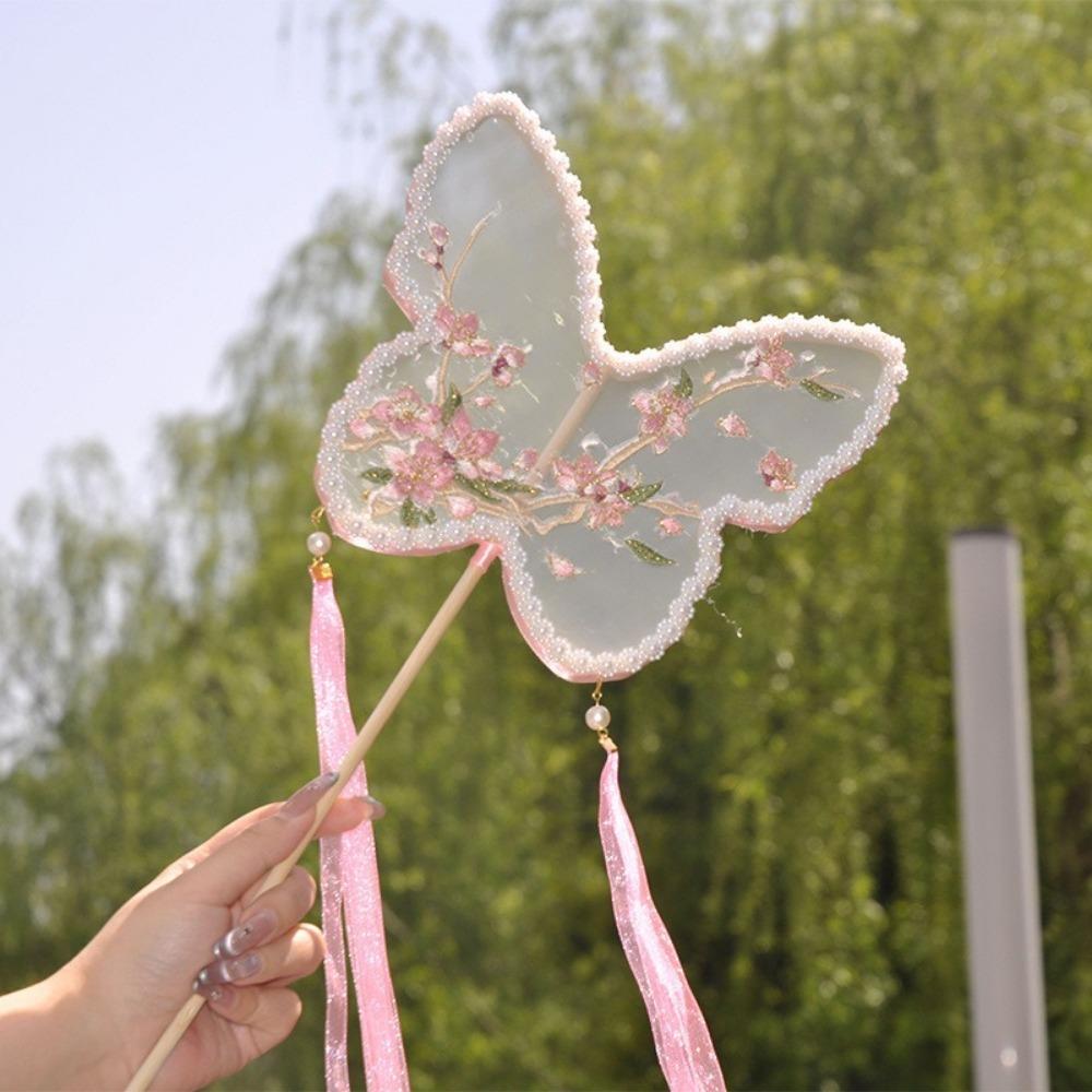 Long Handle Circular Fan Decorative Floral Pattern Silk Fan Elegant Hanfu Fan Wedding Favors