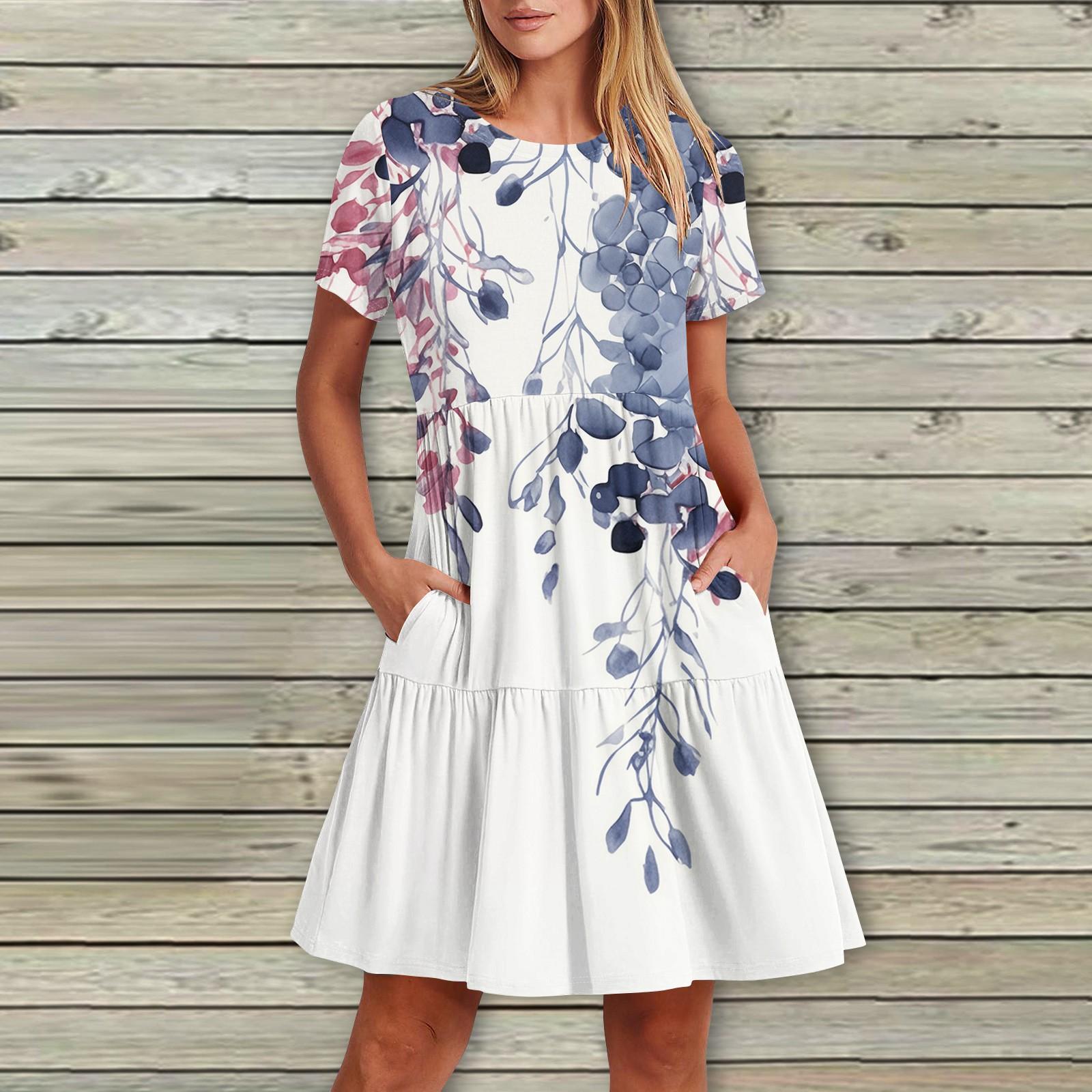 

Женское повседневное модное платье-миди с круглым вырезом и коротким рукавом с принтом и карманом XL белый