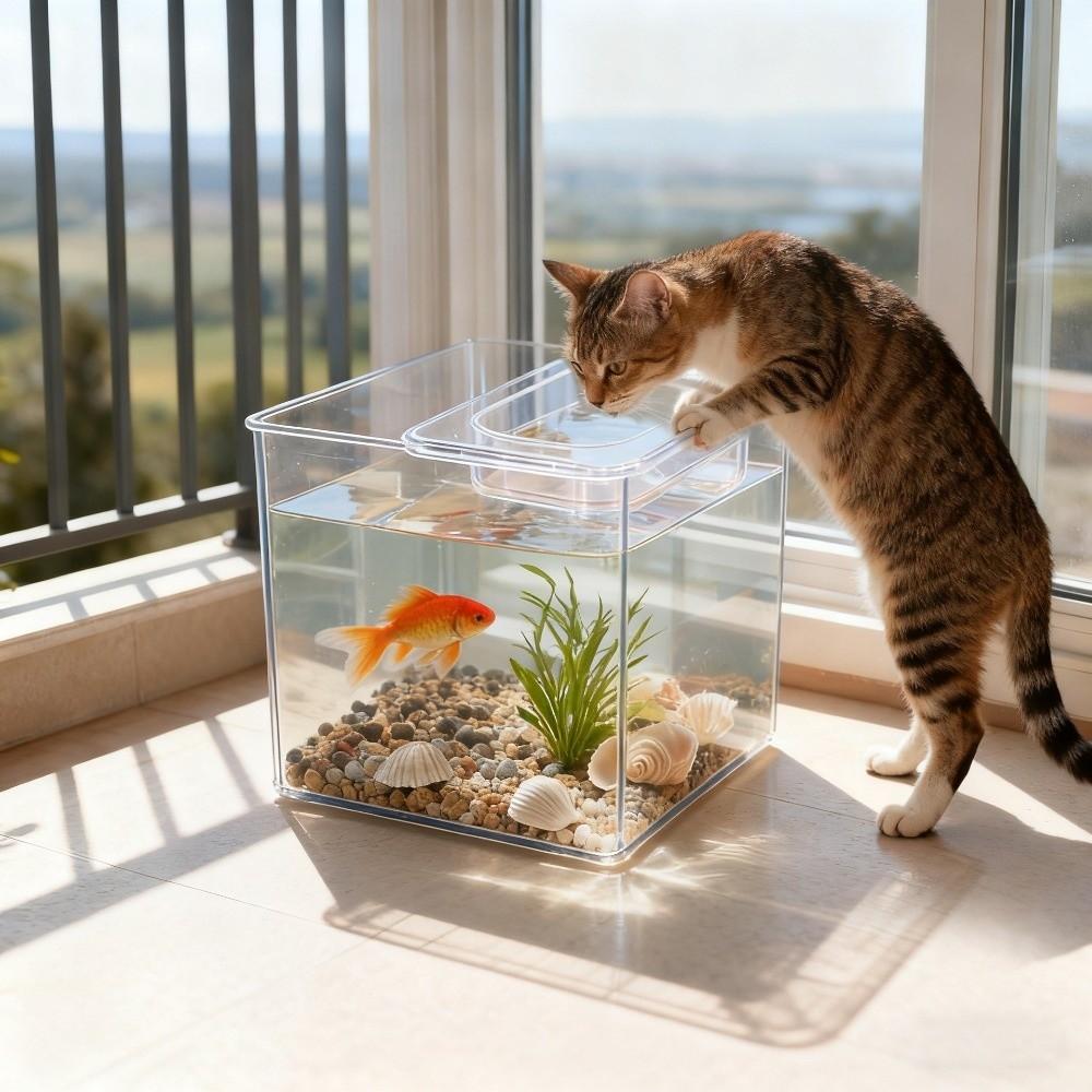 Creative Transparent Double-layer Fish Tank Cube Shatterproof Cat Water Bowl Plastic Goldfish Tanks Landscape Ecological