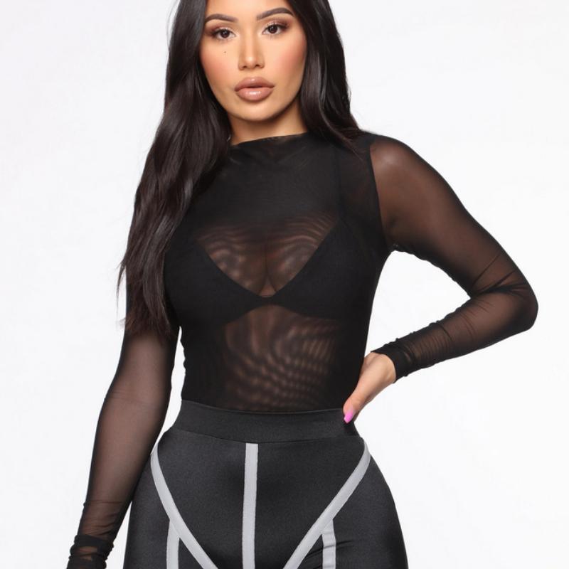 Women Sexy Long Sleeve Jumpsuits See-Through Mesh Lace Lingerie Solid Color   Fashion Women Turtleneck Bodysuit