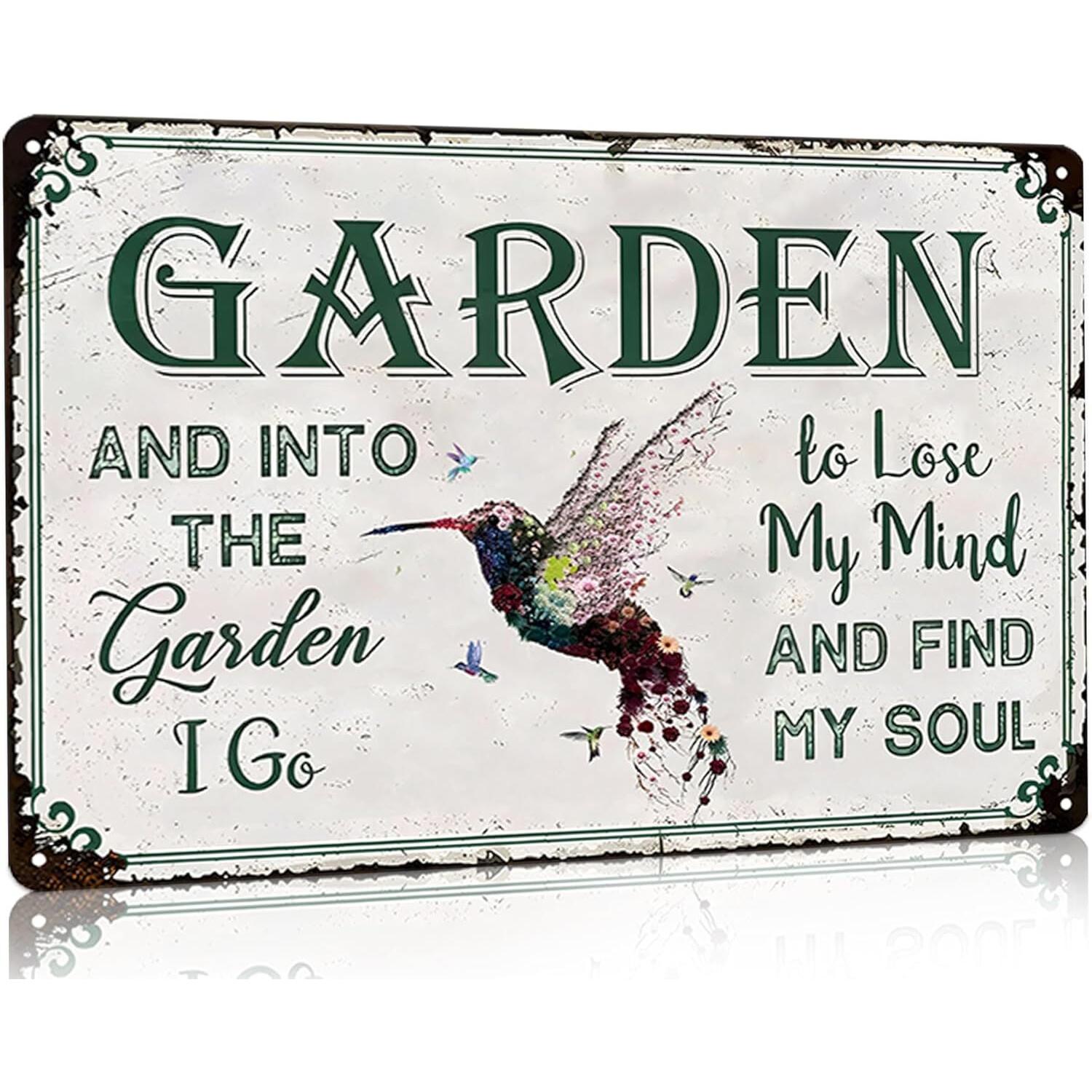 Vintage Garden Into the Garden to Lose My Mind Metal Wall Art Sign Rustic Iron Square Wall Decor with Hummingbird Floral 20x30cm(7.8x11.8inch)