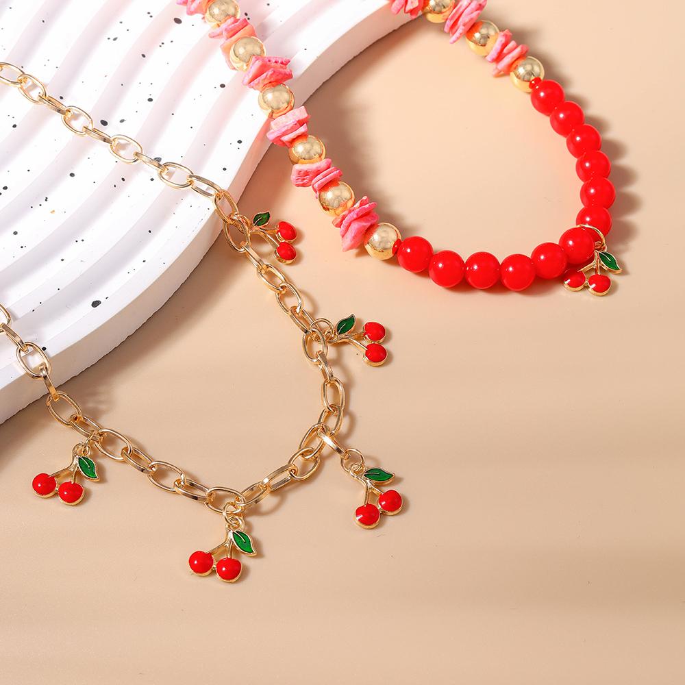 2pcs Cute Fruit Cherry Necklace Multi-layer Beads Choker Necklacec Pendants for Women Girls Party Jewelry Gifts