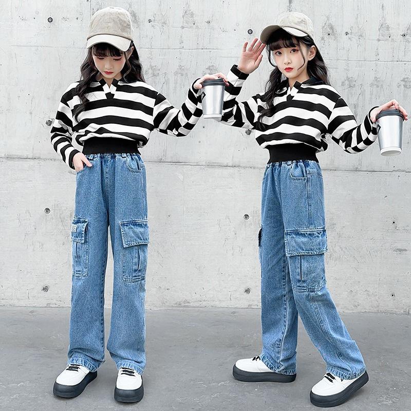 Salopete din denim pentru fete Pantaloni largi Modele de primăvară și toamnă Pantaloni largi cu picioare drepte pentru fete Blugi pentru copii medii și mari