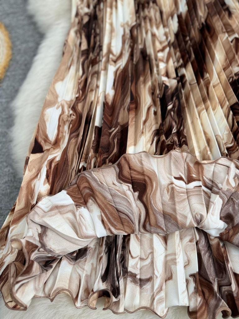 European & American Wave Pattern High-Waisted A-Line Pleated Midi Skirt