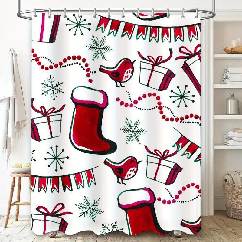 Tu Christmas Shower Curtain Festive Holiday Decor Waterproof Bathroom Set Xmas Pattern Backdrop