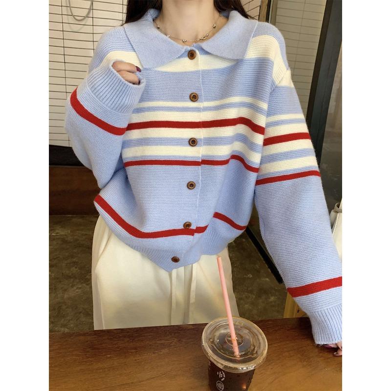 Polo collar button contrasting stripes lazy loose knitted cardigan women's autumn and winter sweater button top jacket