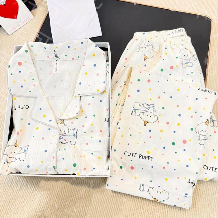 Moon Bear Cartoon Fashion Women's Pajamas Korean Style Casual Soft 2 PC Set Pajamas Autumn Long Sleepwear Lapel Neck New 2025
