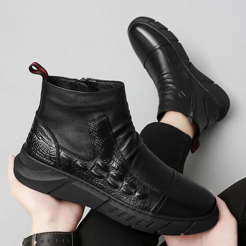 Popular Autumn Winter Mens Ankle Boots Leather Waterproof Casual Leather Shoes Fashion Motorcycle Boot Non-slip Zipper Men Shoes