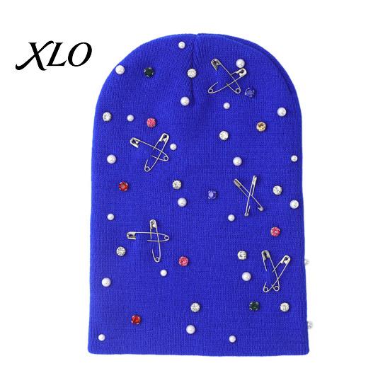 Soft Yarn Warm Cap Colorful Rhinestone Knitted Hat, Faux Pearl Safety Pin Punk Knit Stylish Music Festival Hat Bling Winter Hip Hop for Women
