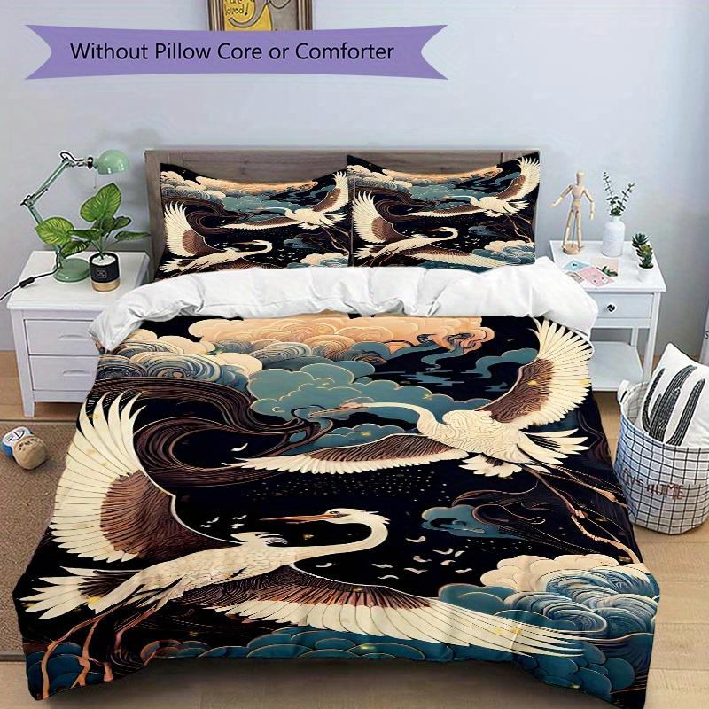 3pcs Chinese style Cranes Clouds 1Cover + 2Pillowcases, PillowInserts NotIncluded, Machine Washable, All - Season Use, Suitable for Bedroom Guest Room