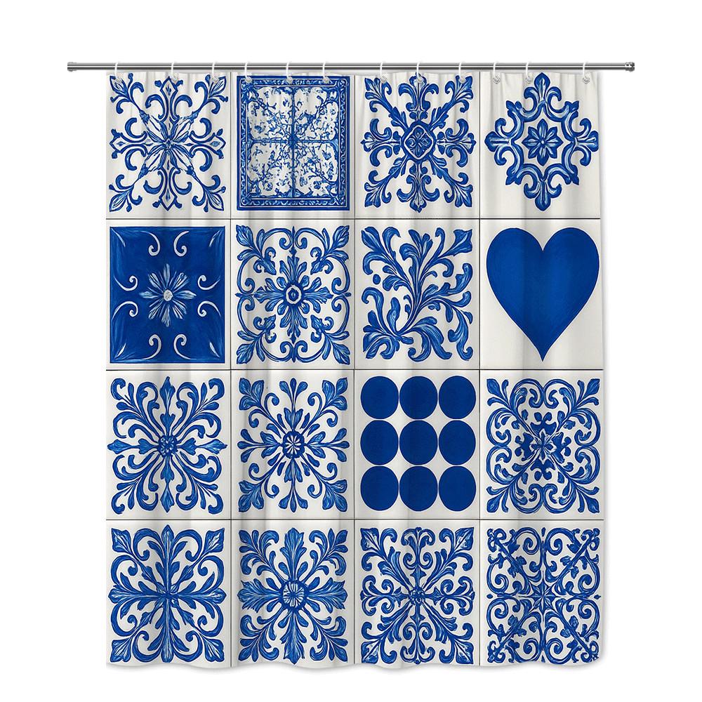 Blue White Tile Pattern Shower Curtain Machine Washable All Season Waterproof Privacy Protection Mediterranean Design Elegant