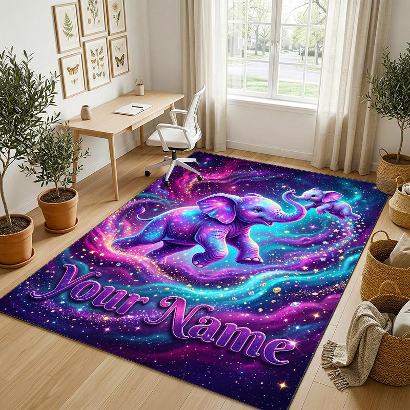 Elephant Theme Crystal Velvet Rug Personalized Custom Name Text Soft Floor Mat Home Decor