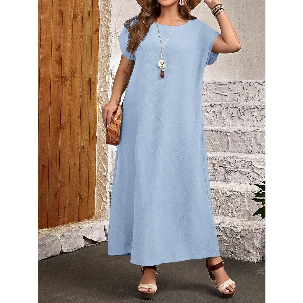 Plus Size Women Summer Casual Floral Print Round Neck Short Sleeve Loose Fit Long Dress