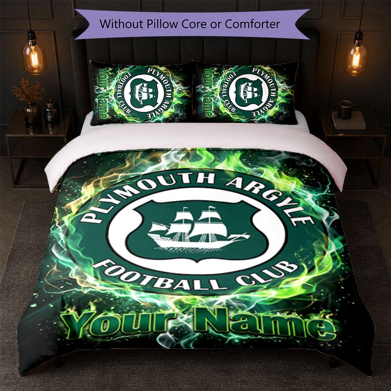 Plymouth Argyle FC Custom Name Text Bedding Set 1 Duvet Cover+2 Pillowcases Soccer Logo Personalized Gift For Special Occasion Bedroom Decor