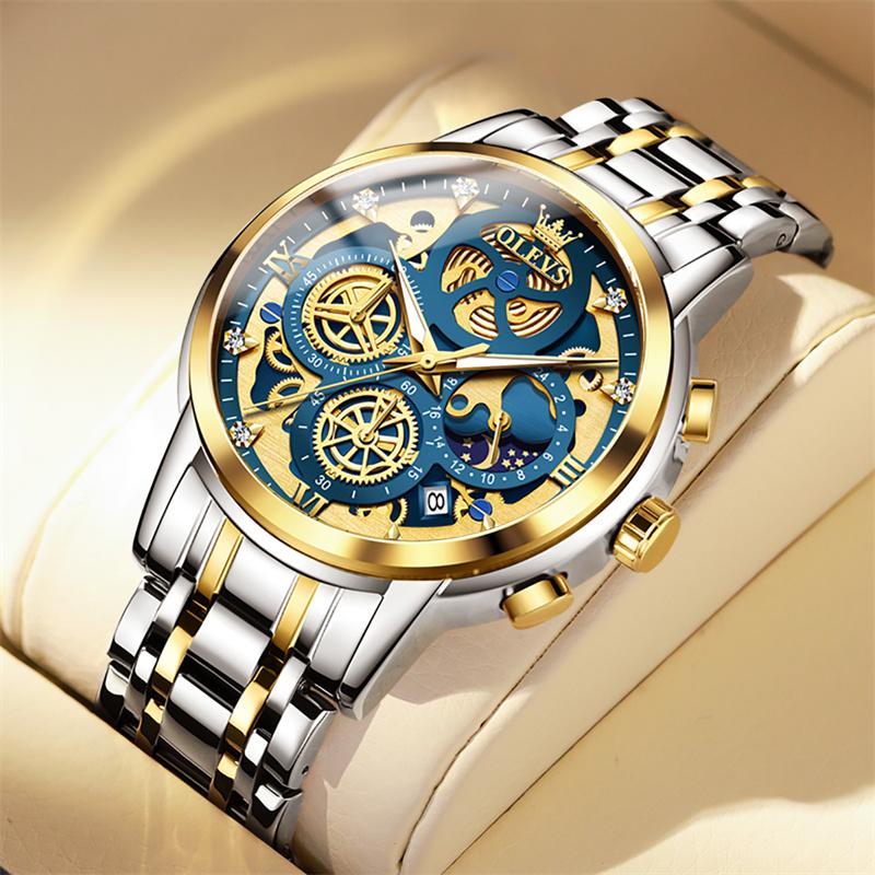 OLEVS Luxury Gold Steel Watch Men Luminous Moon Phase High Quality Sports Watches Imitation Mechanical Style Male Wrist Watch